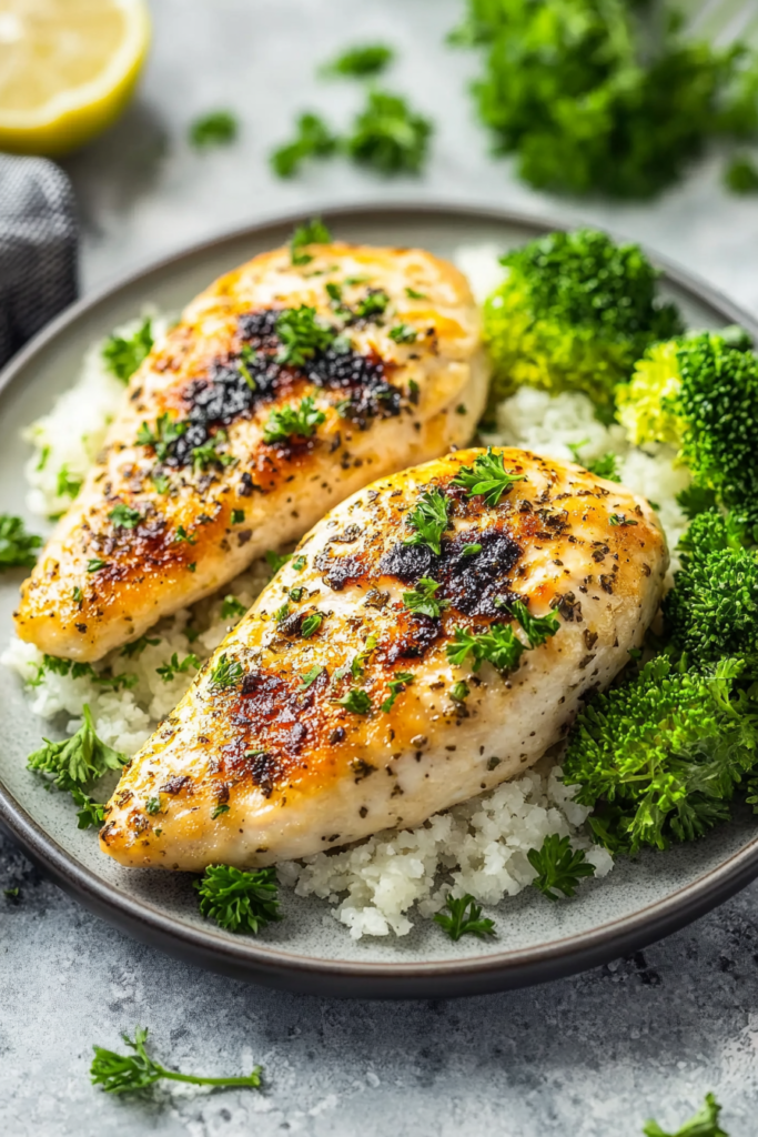 Healthy dinner plate featuring baked chicken breast, steamed broccoli, and rice, styled on a textured cloth.