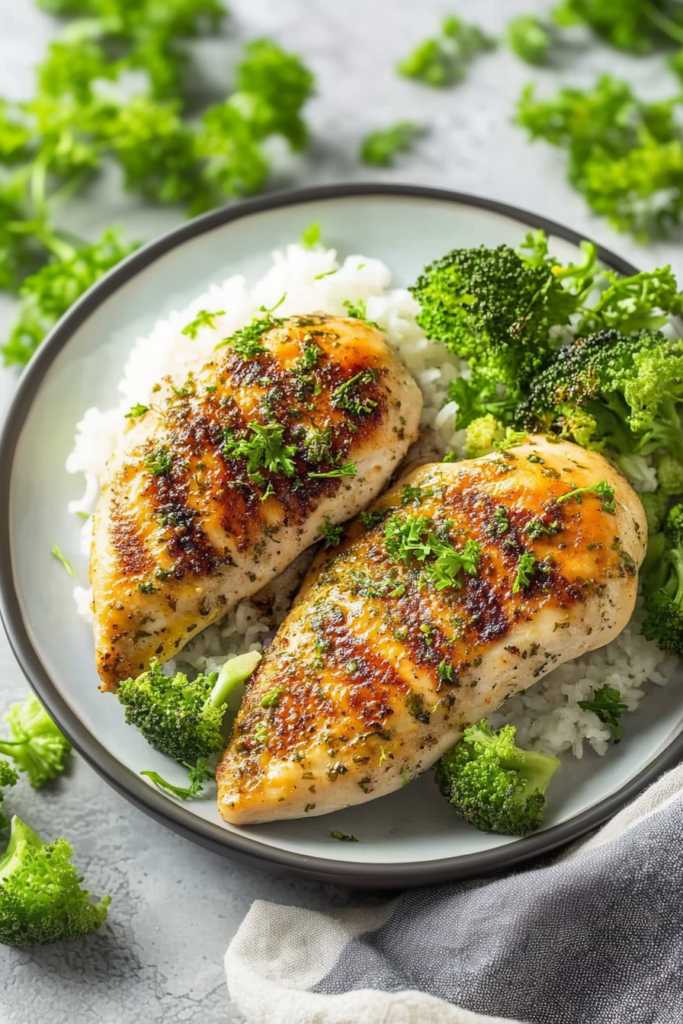 Golden-brown baked chicken breast served with fluffy rice and vibrant steamed broccoli on a light plate.