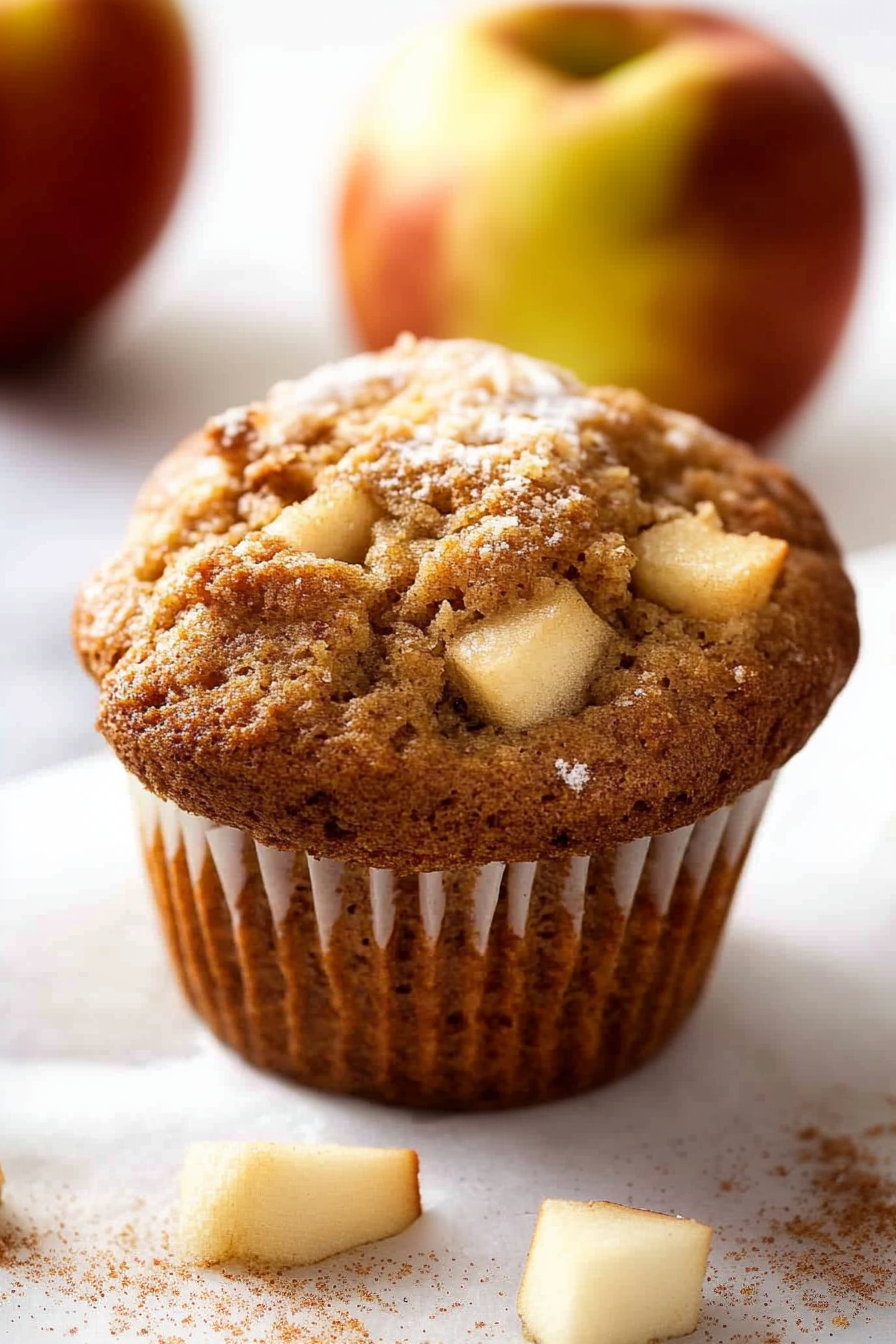 Golden muffin topped with apple chunks and a dusting of powdered sugar, with walnuts inside.