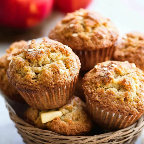 Close-up of a baked muffin showing crumbly texture, diced apple pieces, and cinnamon sprinkles.