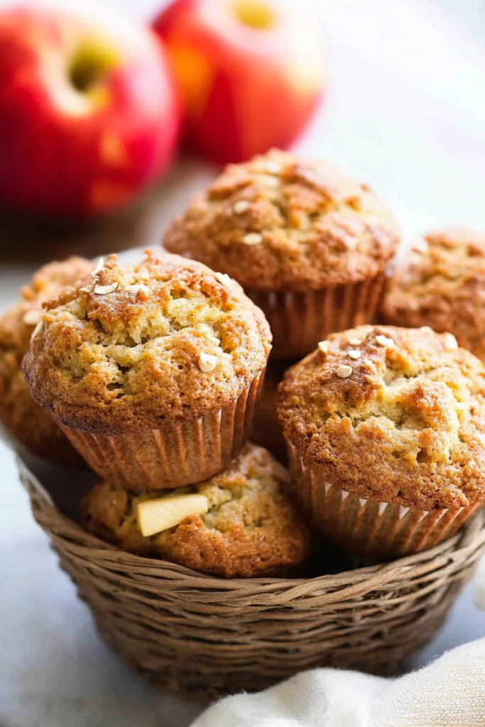 Close-up of a baked muffin showing crumbly texture, diced apple pieces, and cinnamon sprinkles.