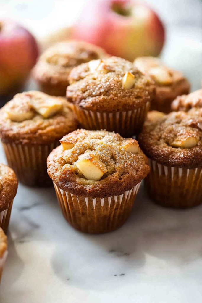 Final presentation of Jumbo Apple-Walnut Muffins, showcasing their golden tops and apple-studded surface.
