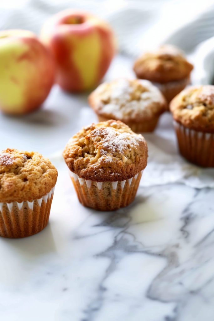 Fresh muffin on a plate with apples in the background, highlighting its rustic, homemade look.