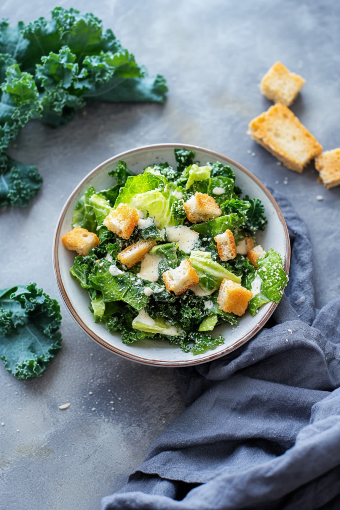 Hearty green salad with crunchy bread cubes and rich creamy dressing.