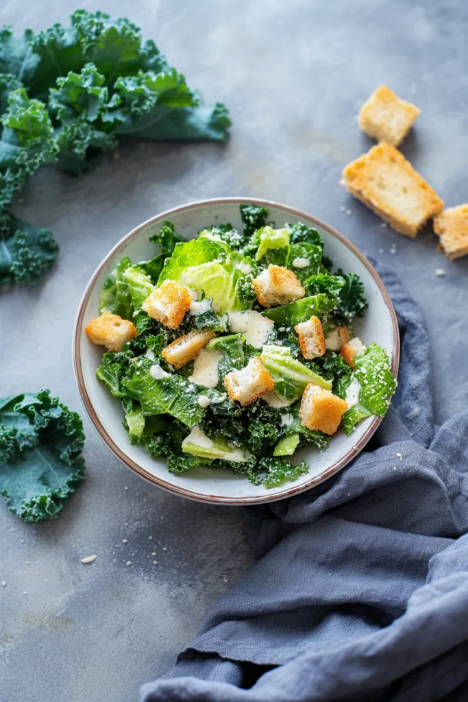 Hearty green salad with crunchy bread cubes and rich creamy dressing.