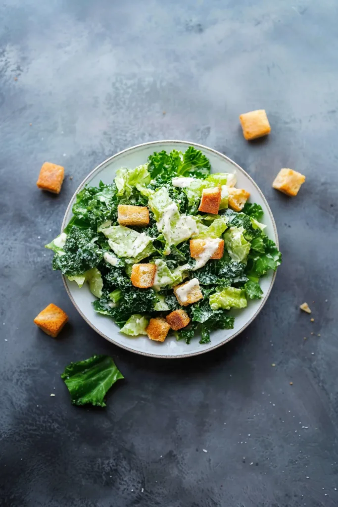 Bowl of leafy greens with toasted croutons and parmesan coated in creamy dressing.