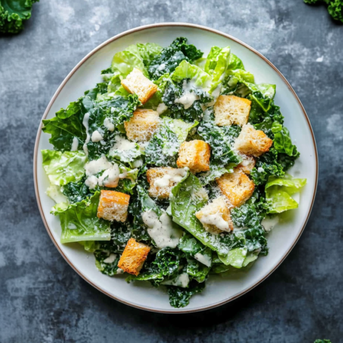 Fresh kale salad topped with crunchy croutons, creamy dressing, and grated parmesan.