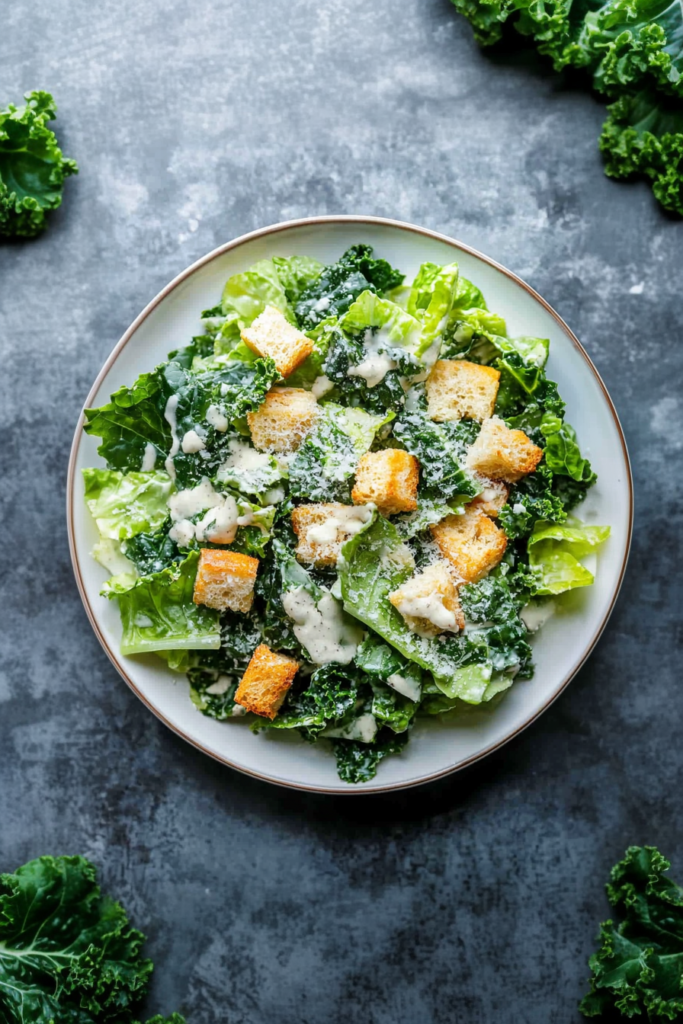 Fresh kale salad topped with crunchy croutons, creamy dressing, and grated parmesan.