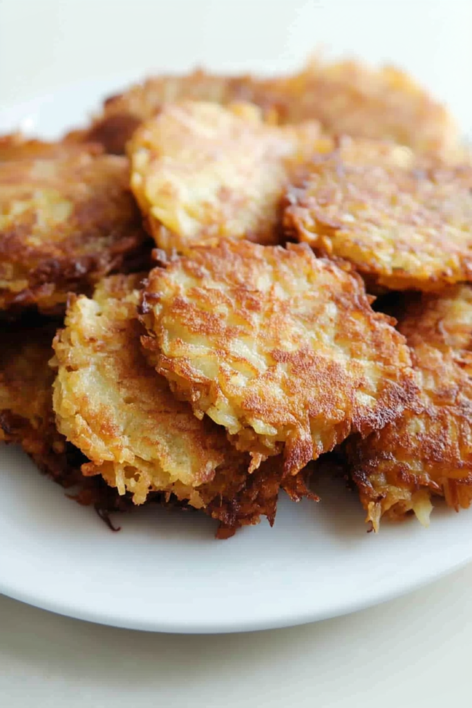 Latkes arranged neatly, emphasizing their rich color and homestyle appeal.