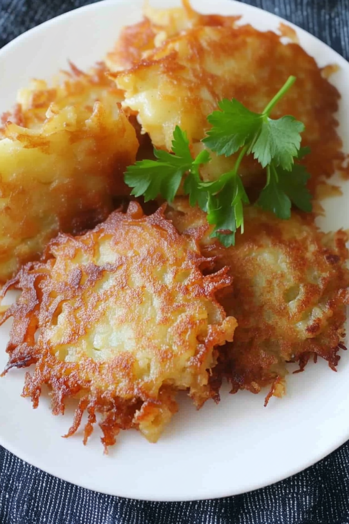 Crispy potato latkes served on a white plate, garnished with fresh parsley.