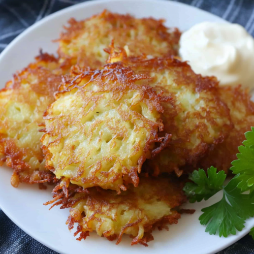 Close-up of fried latkes with a rustic presentation against a dark fabric background.