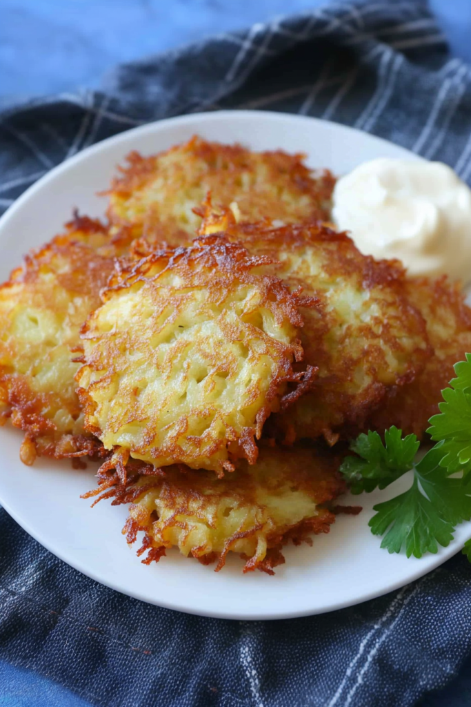Close-up of fried latkes with a rustic presentation against a dark fabric background.