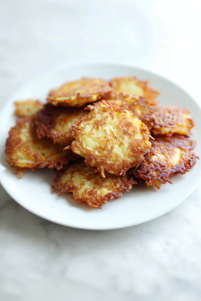 Golden-brown latkes highlighting their crunchy edges and textured surface.