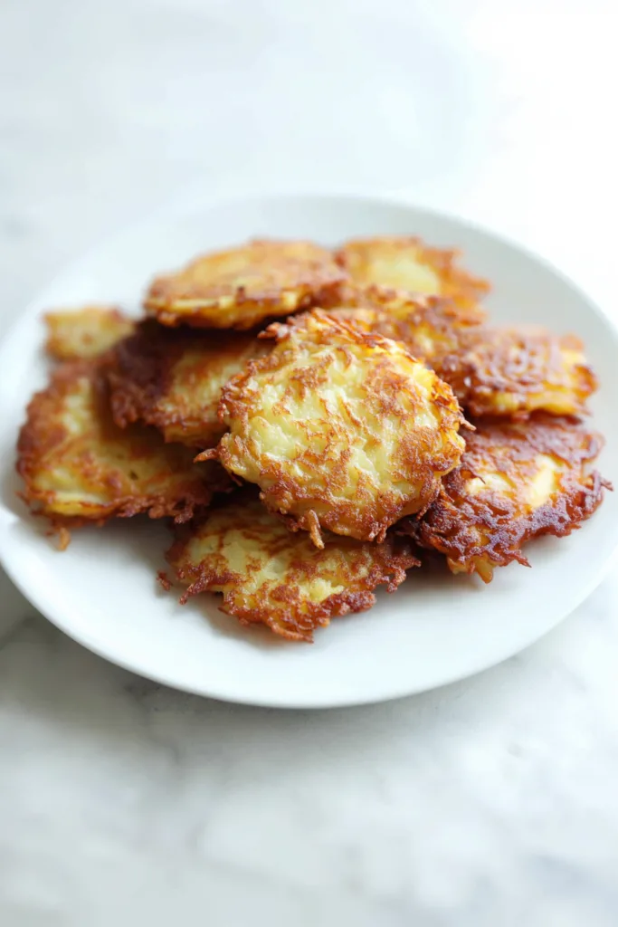 Golden-brown latkes highlighting their crunchy edges and textured surface.