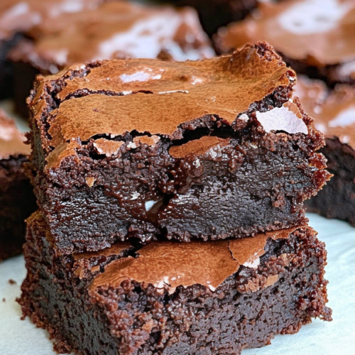 Two stacked brownies with a crackled top and gooey chocolate center.