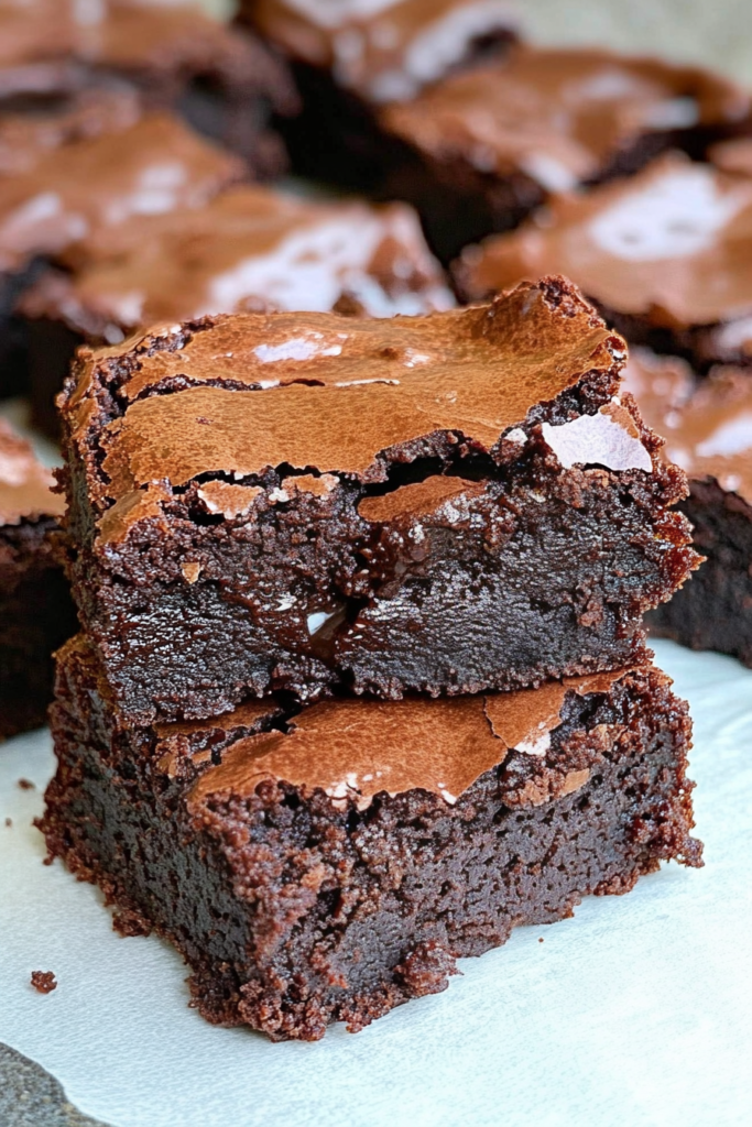 Two stacked brownies with a crackled top and gooey chocolate center.