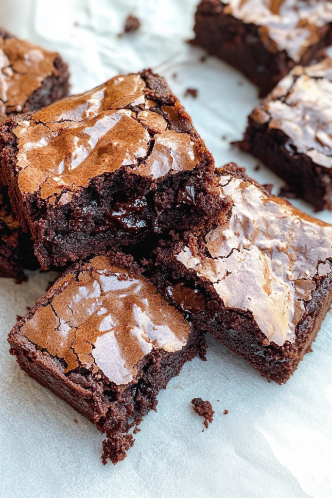 Close-up of fudgy brownies showing moist interior and shiny surface.