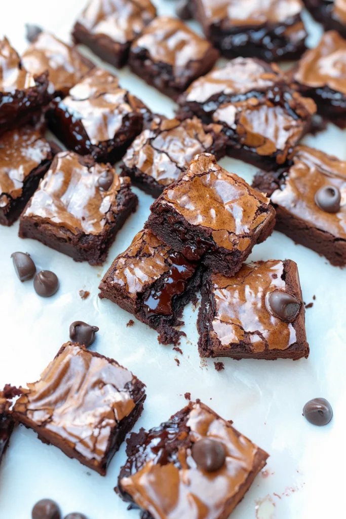 Freshly baked brownies cut into squares, highlighting their dense texture and rich color.