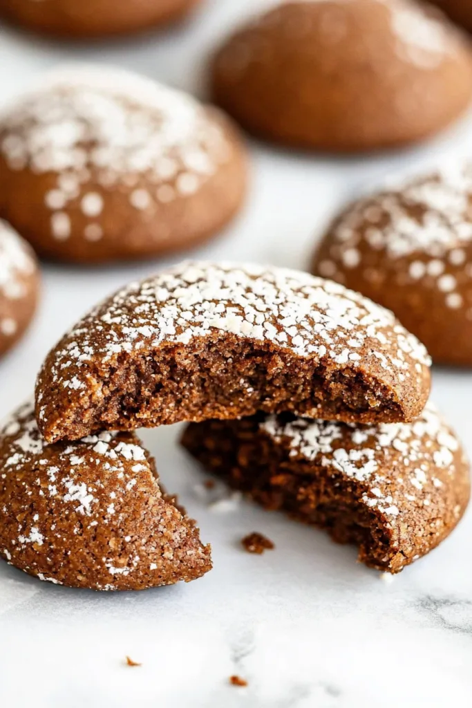 Close-up of freshly baked Lebkuchen cookies with a soft, cake-like center and a light sugar dusting.