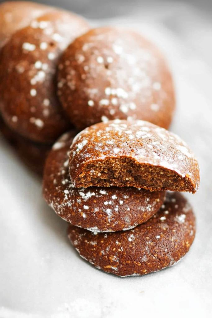 Soft spiced German Lebkuchen cookies dusted with powdered sugar, one cookie broken in half showing the tender interior.