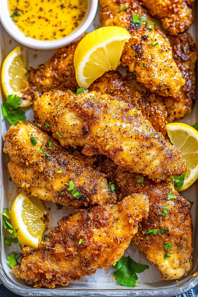 Crispy breaded chicken strips arranged neatly on a platter, their surface glistening with seasoning and paired with bright lemon slices.