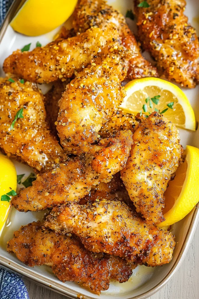 A serving plate filled with crunchy chicken tenders, garnished with chopped herbs and citrus wedges for a fresh finish.