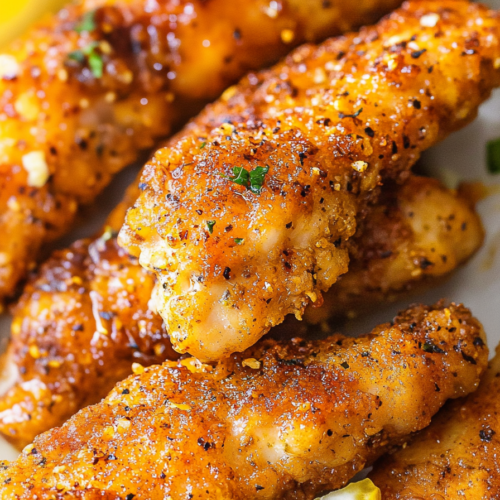 Golden-brown chicken pieces stacked on a tray, the textured coating highlighted by flecks of pepper and a pop of yellow from lemon slices.