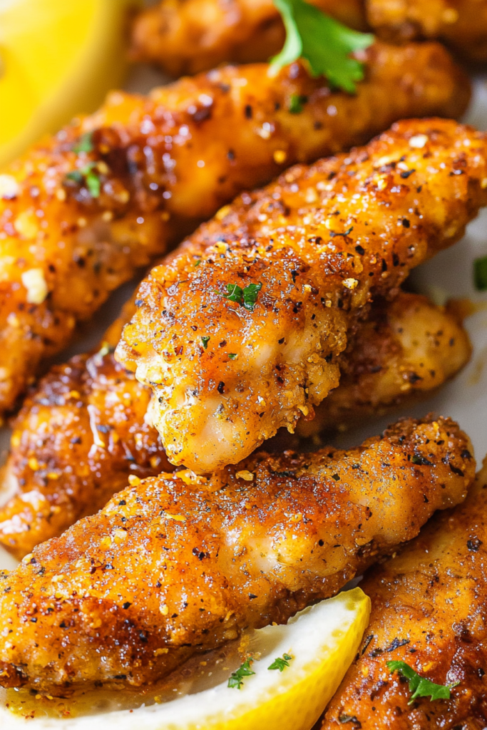 Golden-brown chicken pieces stacked on a tray, the textured coating highlighted by flecks of pepper and a pop of yellow from lemon slices.