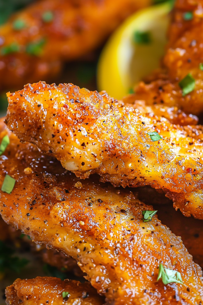 Close-up of golden chicken tenders sprinkled with cracked black pepper and fresh parsley, served with lemon wedges on a rustic tray.