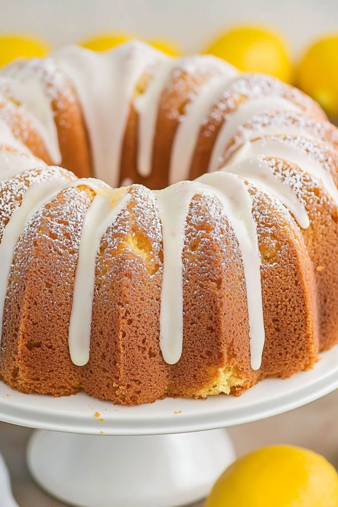 Golden bundt cake drizzled with lemon glaze and dusted with powdered sugar