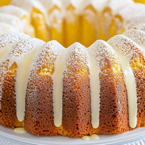 Freshly baked bundt cake topped with powdered sugar, surrounded by whole and halved lemons