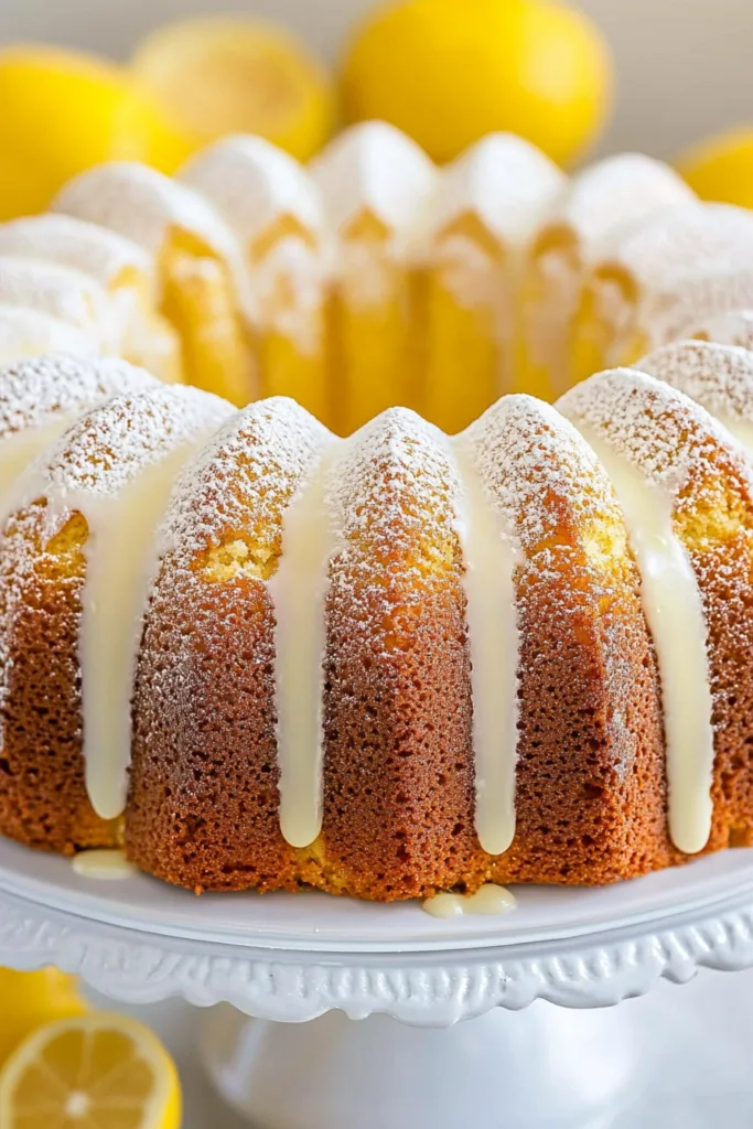 Freshly baked bundt cake topped with powdered sugar, surrounded by whole and halved lemons