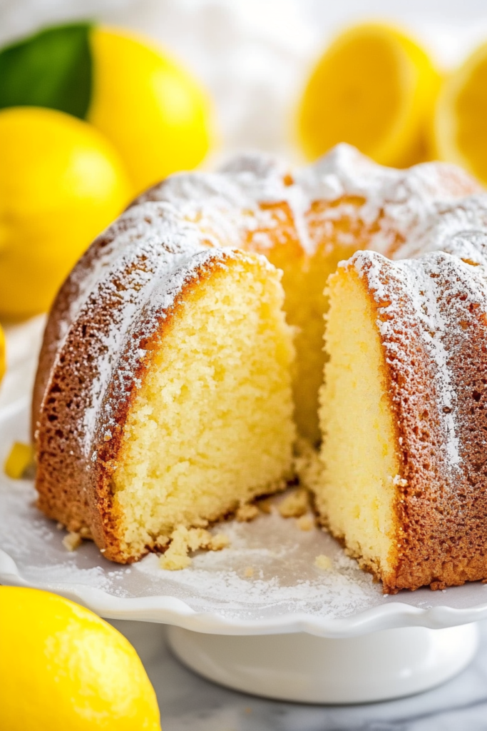 Final serving of bundt cake with lemon glaze and delicate sugar dusting for a polished finish