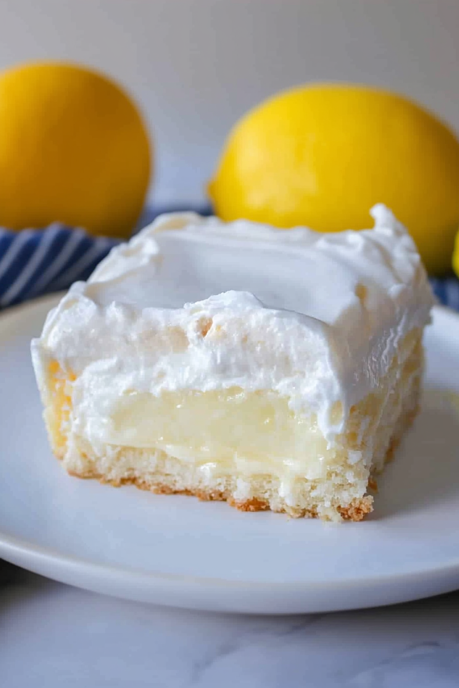 Creamy no-bake lemon cake slice with a crumb crust and fresh lemons in the background.