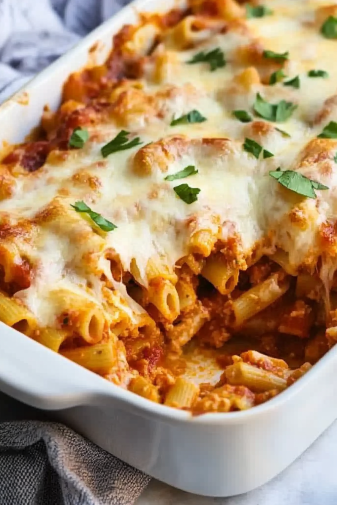 Comforting vegetarian pasta casserole with rigatoni, marinara sauce, and bubbly cheese.
