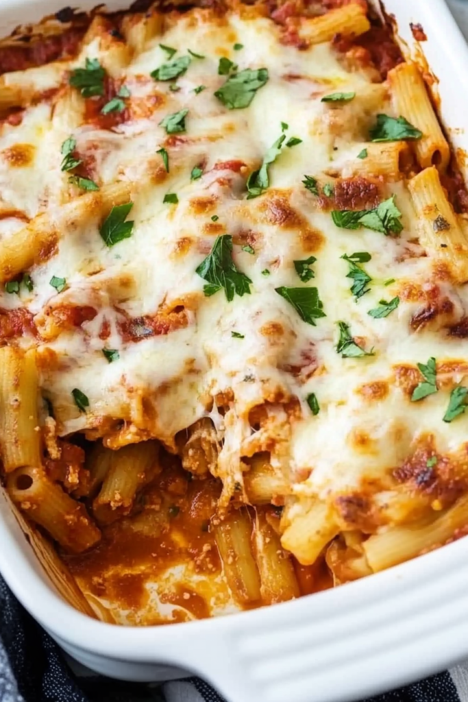 Close-up of oven-baked pasta with rich tomato sauce and golden melted cheese.