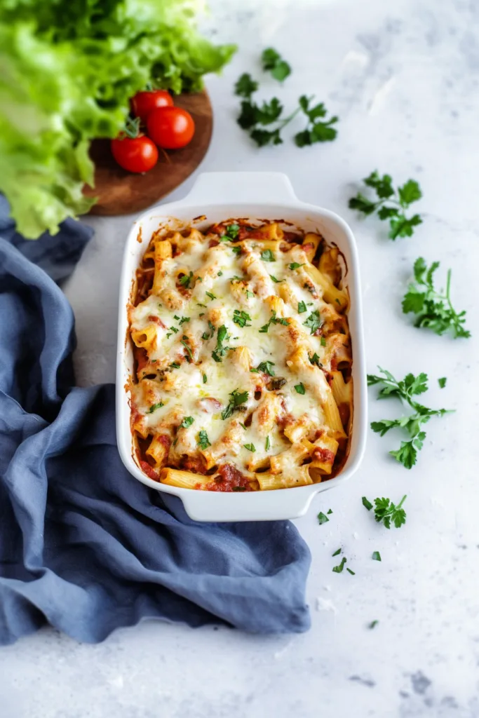 Cheesy baked ziti topped with melted mozzarella and fresh herbs in a white baking dish.