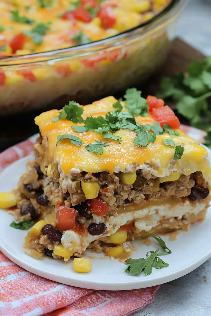 Hearty slice of baked tortilla casserole with ground beef, black beans, and sweet corn.
