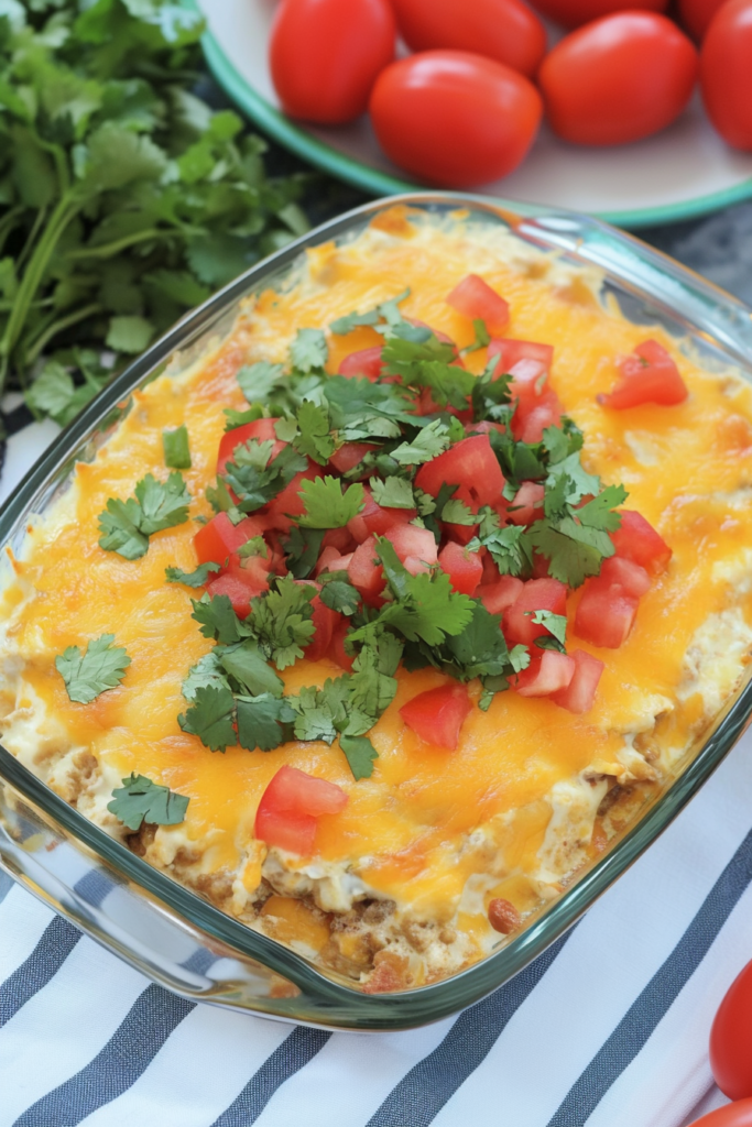 Comforting Mexican-style layered bake with creamy sauce and golden melted cheese on top.