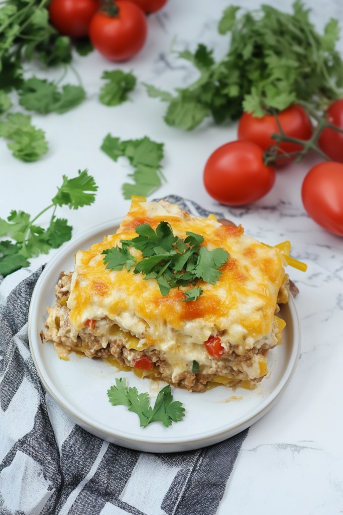 Cheesy layered casserole topped with fresh cilantro, diced tomatoes, and melted cheddar.