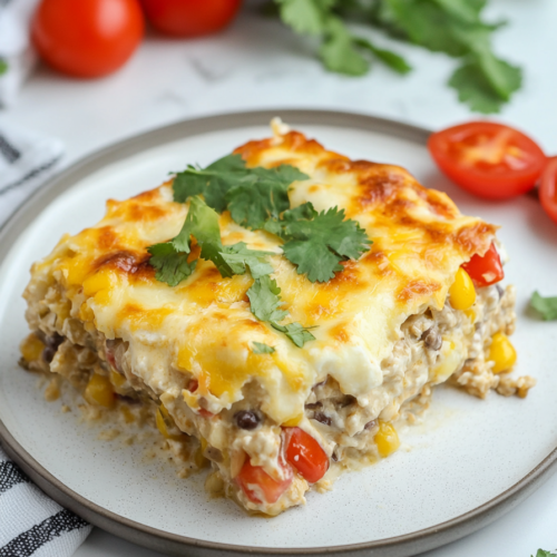 Mexican casserole with white sauce layered with seasoned beef, beans, corn, and melted cheese.