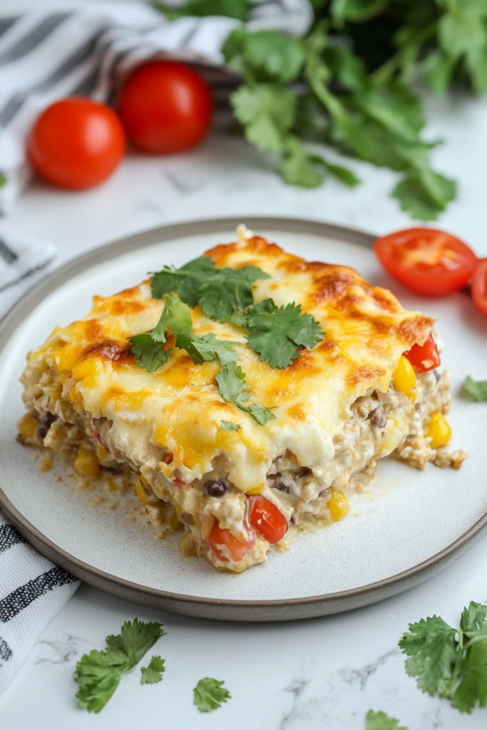 Mexican casserole with white sauce layered with seasoned beef, beans, corn, and melted cheese.