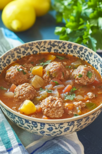 Rustic serving of flavorful broth filled with meatballs and mixed vegetables