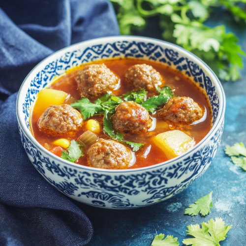 Steaming bowl of meatball and vegetable soup garnished with fresh herbs