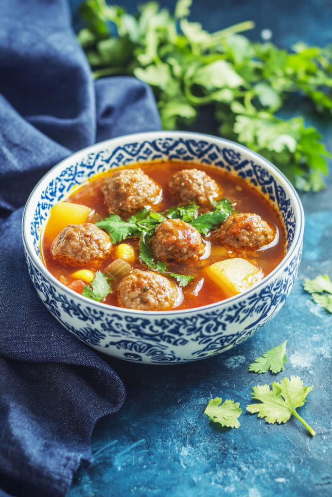 Steaming bowl of meatball and vegetable soup garnished with fresh herbs