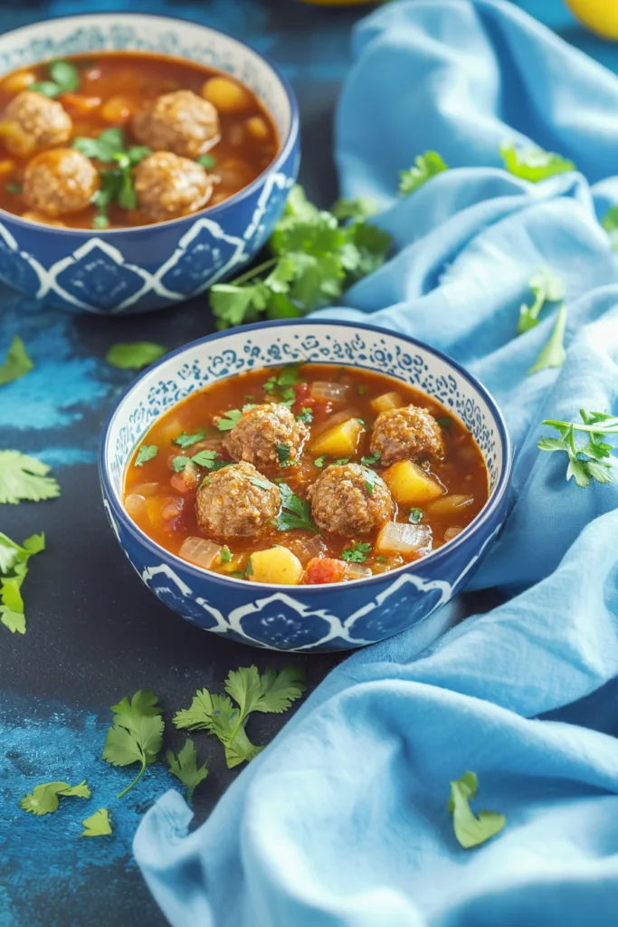 Comforting homemade soup with juicy meatballs and colorful vegetables