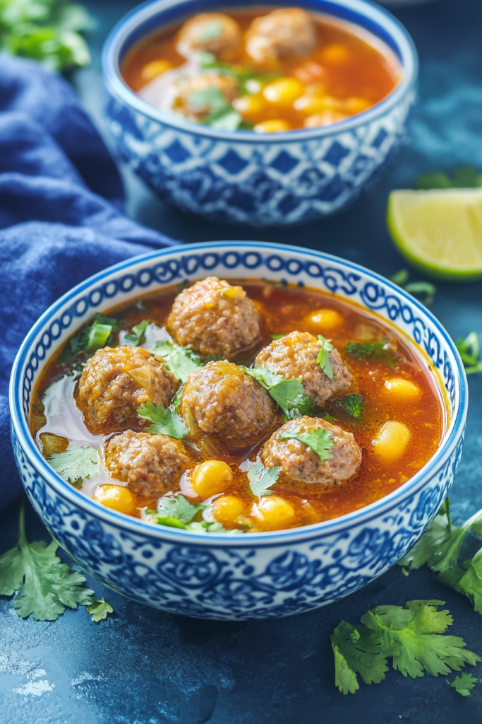 Hearty bowl of meatball soup with vegetables in a rich tomato-based broth