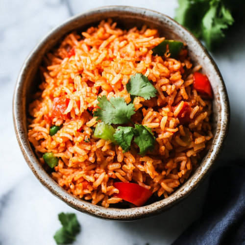 Bowl of savory rice dish with vegetables and a light sprinkle of chopped cilantro