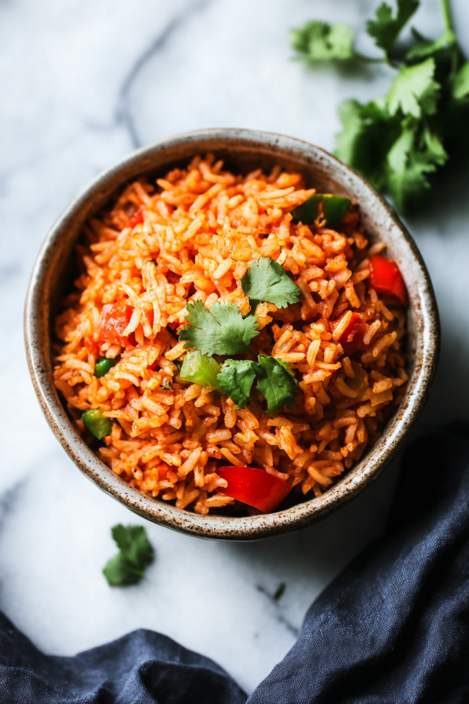 Bowl of savory rice dish with vegetables and a light sprinkle of chopped cilantro
