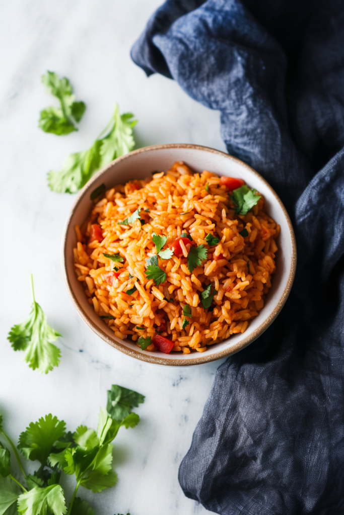 Fluffy tomato rice mixed with diced vegetables and fresh cilantro in a bowl